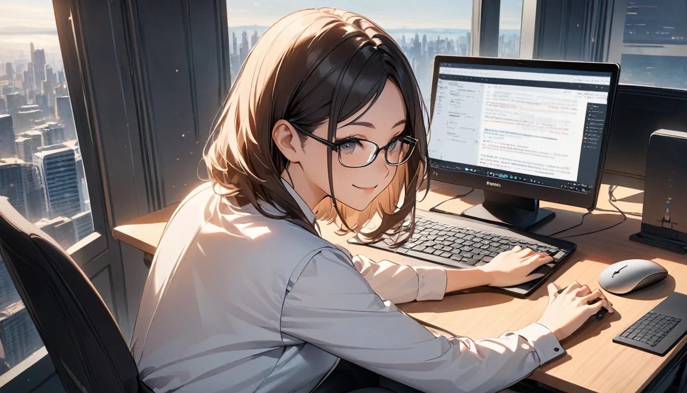 Office workers working on a computer,Portraiture,Professional,Wearing a smart suit,Stylish glasses,Typing on a sleek laptop,Use a wireless mouse,Sitting at a modern desk,Smile confidently,City skyline in the background,Soft natural light,High resolution,High resolution,Very detailed.One Woman ,alone