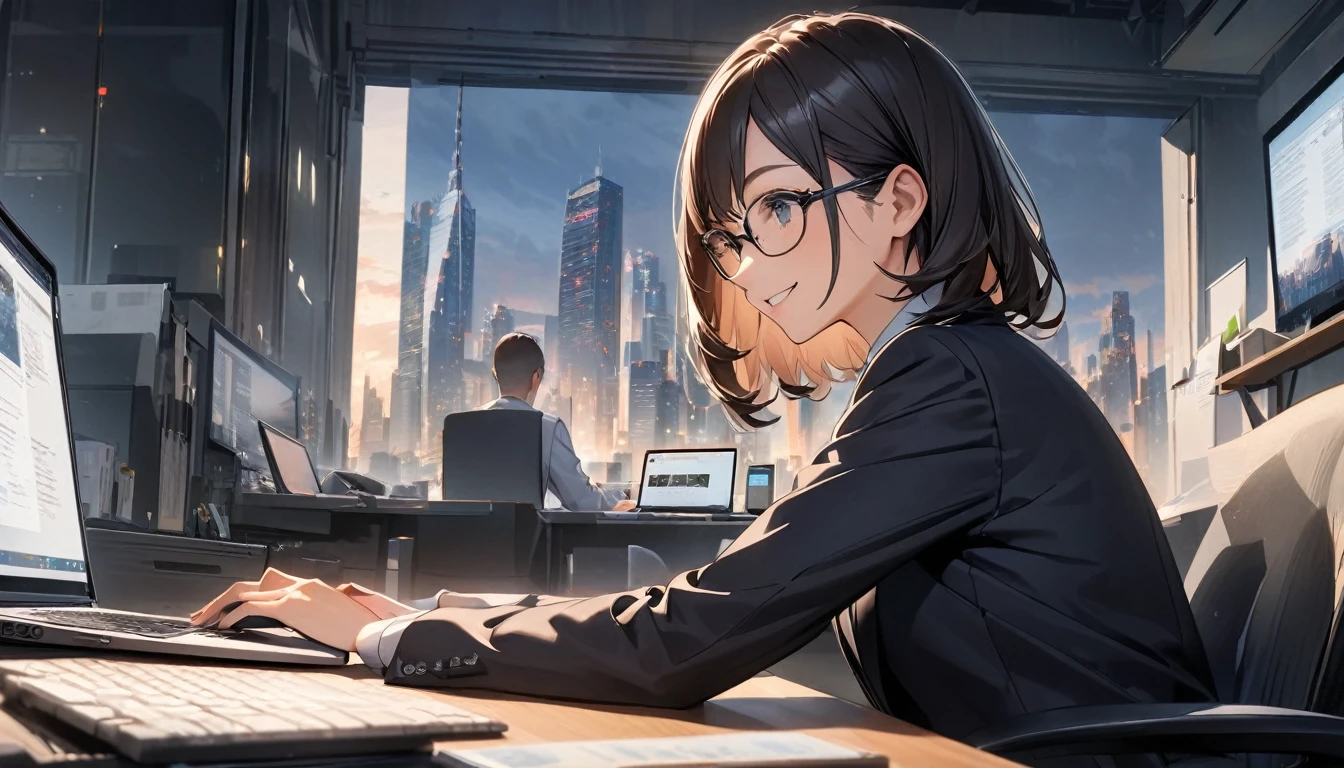 Office workers working on a computer,Portraiture,Professional,Wearing a smart suit,Stylish glasses,Typing on a sleek laptop,Use a wireless mouse,Sitting at a modern desk,Smile confidently,City skyline in the background,Soft natural light,High resolution,High resolution,Very detailed.One Woman ,alone