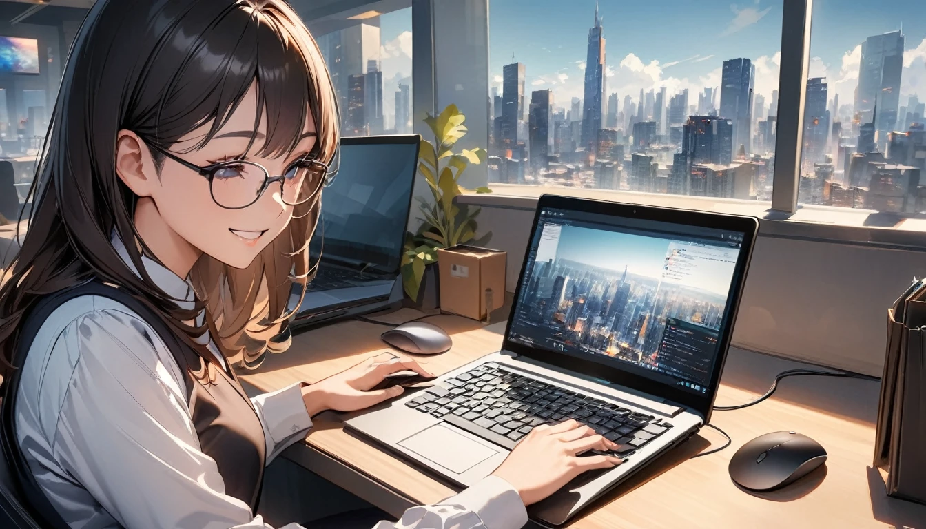 Office workers working on a computer,Portraiture,Professional,Wearing a smart suit,Stylish glasses,Typing on a sleek laptop,Use a wireless mouse,Sitting at a modern desk,Smile confidently,City skyline in the background,Soft natural light,High resolution,High resolution,Very detailed.One Woman ,alone