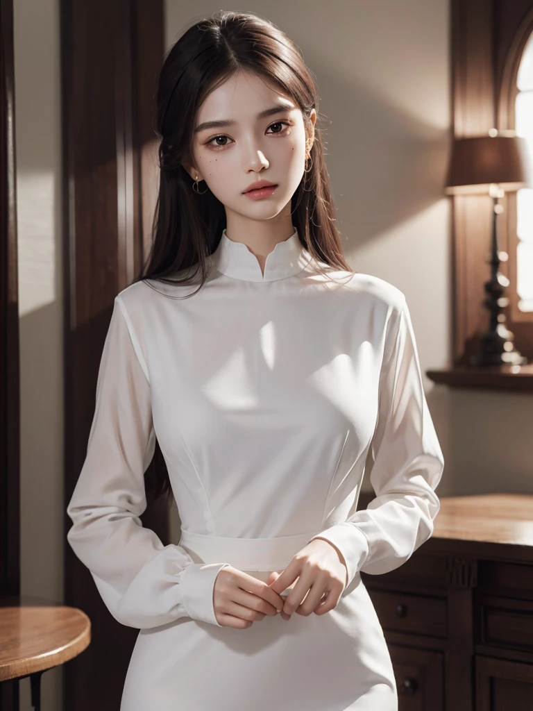 absurdres, RAW photo, extremely delicate and beautiful, masterpiece, Best Quality, ultra high resolution, 32k, hyperrealistic, ultra-detailed, perfect anatomy, super Detailed skin, perfect figure, Super Beauty, Perfect Style, Perfect balance, Beautiful Lighting, Perfect Lightning, Realistic Shadows, 20 years old, very Slim body, narrow waist, very small head, very small face, delicate facial features, handsome detailed woman, very detailed eyes and face, realistic face proportions, Realistic beautiful face, Realistic beautiful eyes, tearful mole, earring, very huge round breasts, legs, medium hair, asymmetrical hair, whole body shot, indoor, dress, long sleeves, nun,