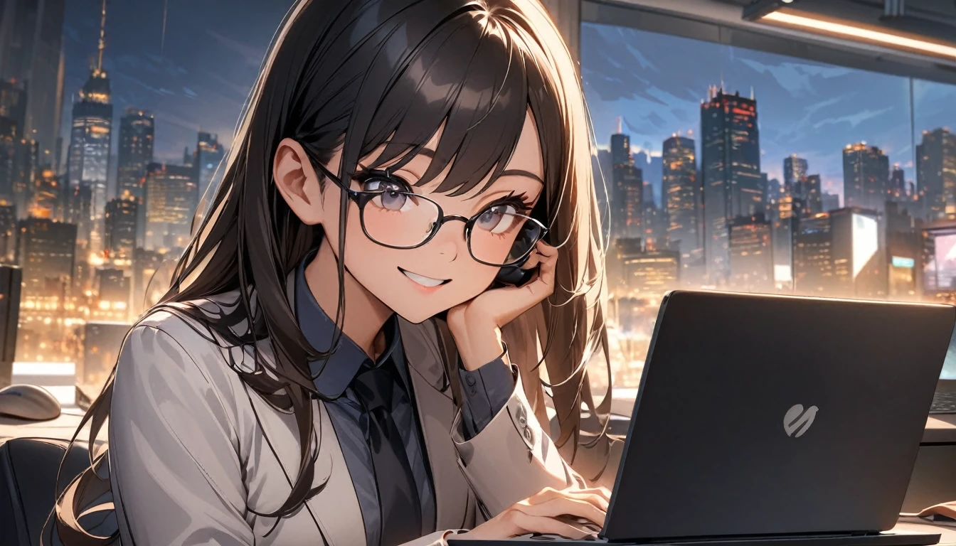 Office workers working on a computer,Portraiture,Professional,Wearing a smart suit,Stylish glasses,Typing on a sleek laptop,Use a wireless mouse,Sitting at a modern desk,Smile confidently,City skyline in the background,Soft natural light,High resolution,High resolution,Very detailed.One Woman ,alone