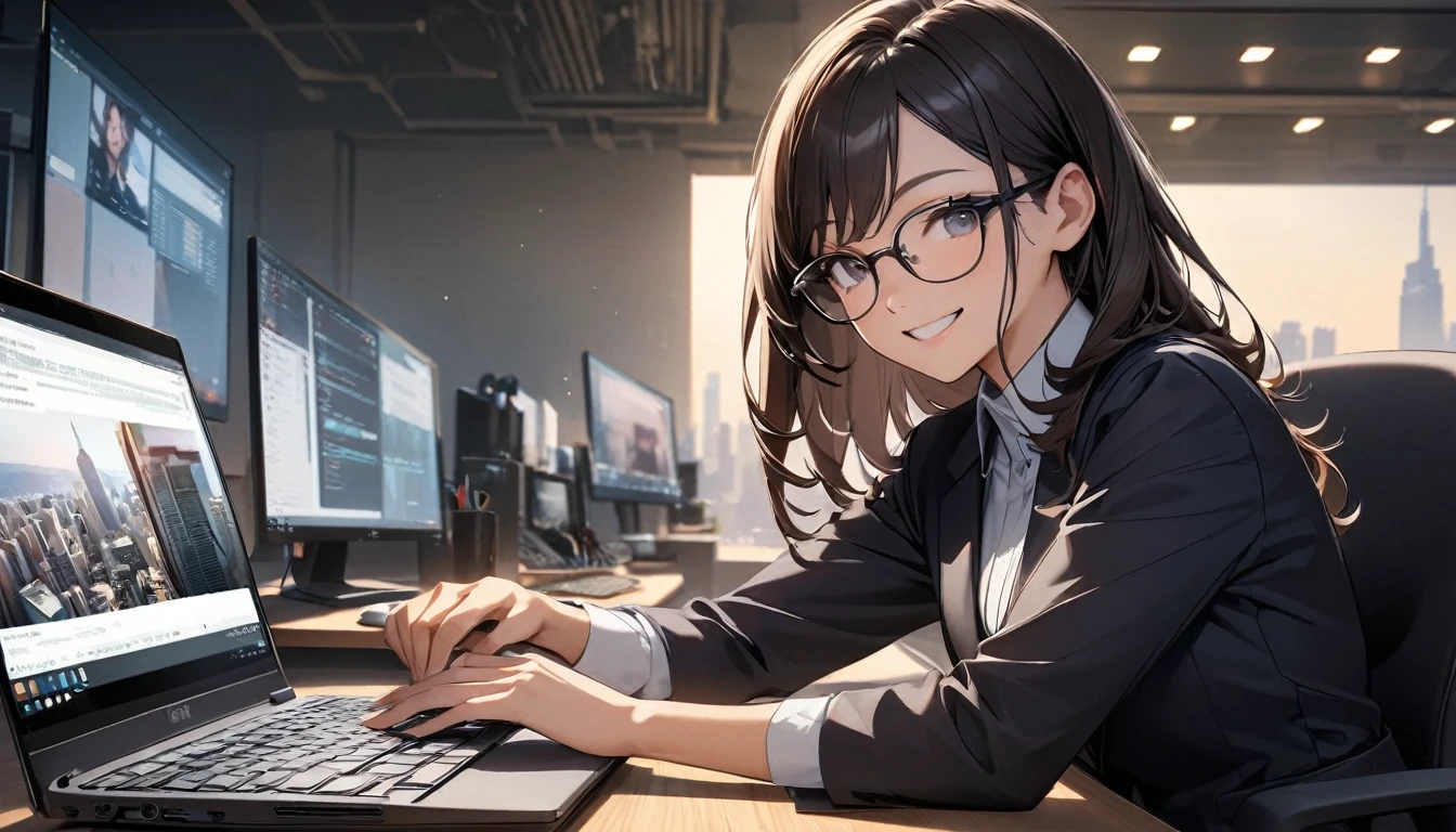 Office workers working on a computer,Portraiture,Professional,Wearing a smart suit,Stylish glasses,Typing on a sleek laptop,Use a wireless mouse,Sitting at a modern desk,Smile confidently,City skyline in the background,Soft natural light,High resolution,High resolution,Very detailed.One Woman ,alone