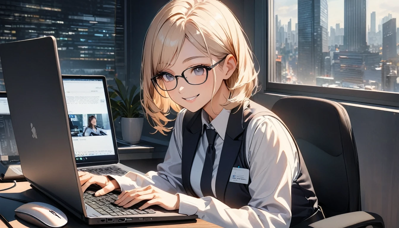 Office workers working on a computer,Portraiture,Professional,Wearing a smart suit,Stylish glasses,Typing on a sleek laptop,Use a wireless mouse,Sitting at a modern desk,Smile confidently,City skyline in the background,Soft natural light,High resolution,High resolution,Very detailed.One Woman ,alone
