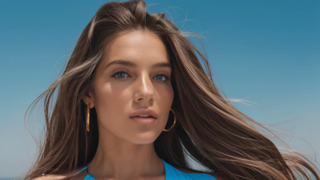 a woman with long hair in wind, in the style of pop inspo, hyper-realistic water, animated gifs, mario testino, close up, soft and dreamy, sky-blue and brown --ar 71:128 --stylize 750 --v 6