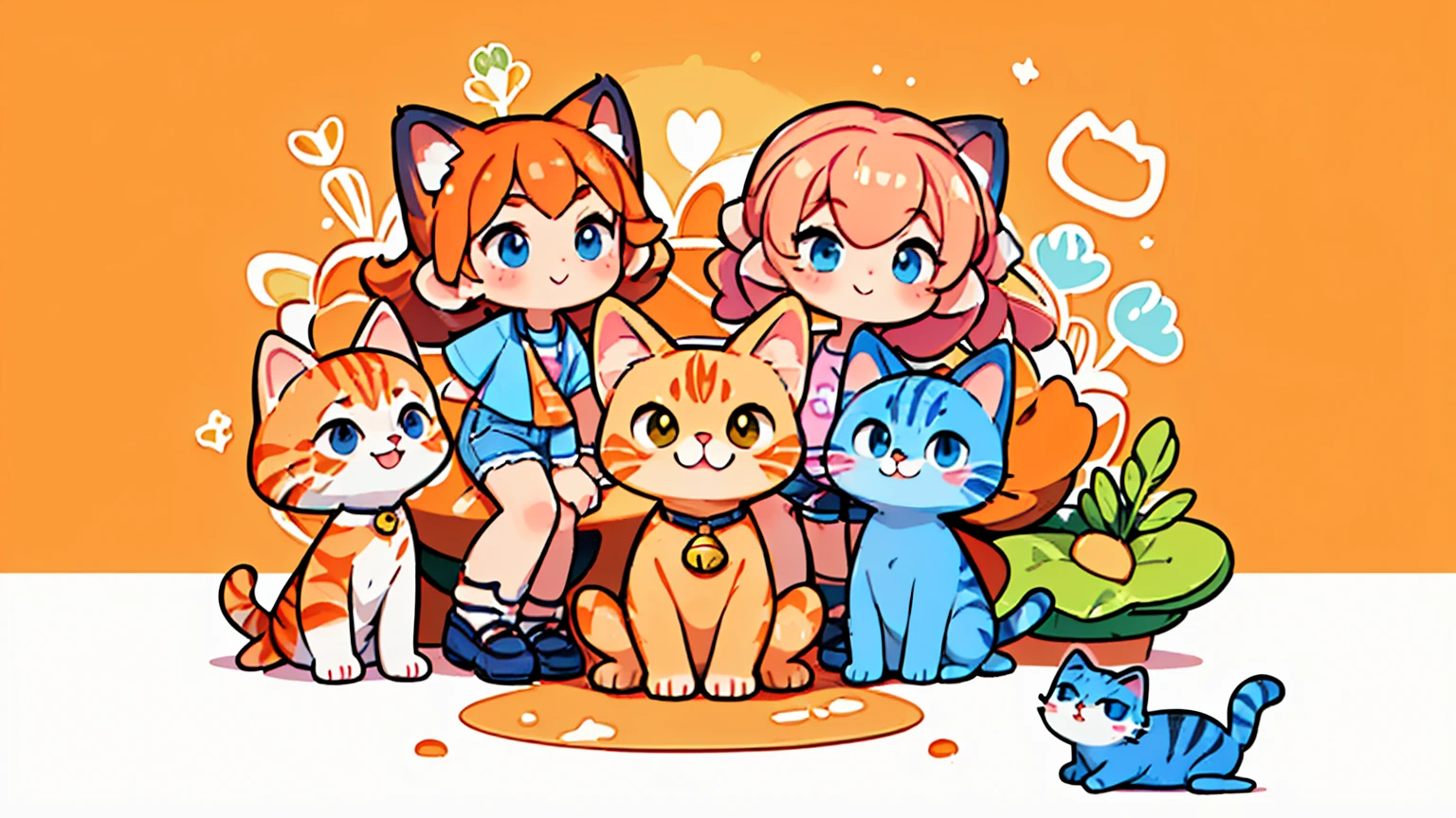 ((Masterpiece,Highest quality)),((Maximum details))((full body image)),((4K clarity)),2 living things((person,cat)) ((person,pink short hair,Laughing faces,Wear a blue t-shirt((penny logo)) Wear shorts.,วิ่งไล่cat,พื้นหลังลายcat)),((cat,The body is orange with a gourami pattern.,วิ่งหนีperson,blue collar,bell,พื้นหลังลายcat))
