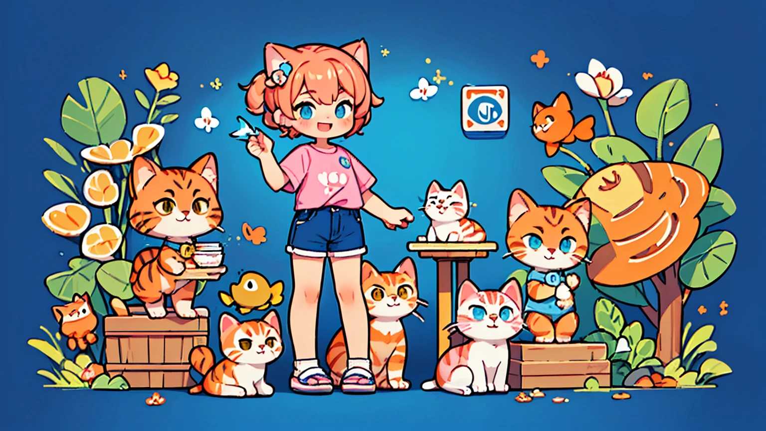 ((Masterpiece,Highest quality)),((Maximum details))((full body image)),((4K clarity)),2 living things((person,cat)) ((person,pink short hair,Laughing faces,Wear a blue t-shirt((penny logo)) Wear shorts.,วิ่งไล่cat,พื้นหลังลายcat)),((cat,The body is orange with a gourami pattern.,วิ่งหนีperson,blue collar,bell,พื้นหลังลายcat))
