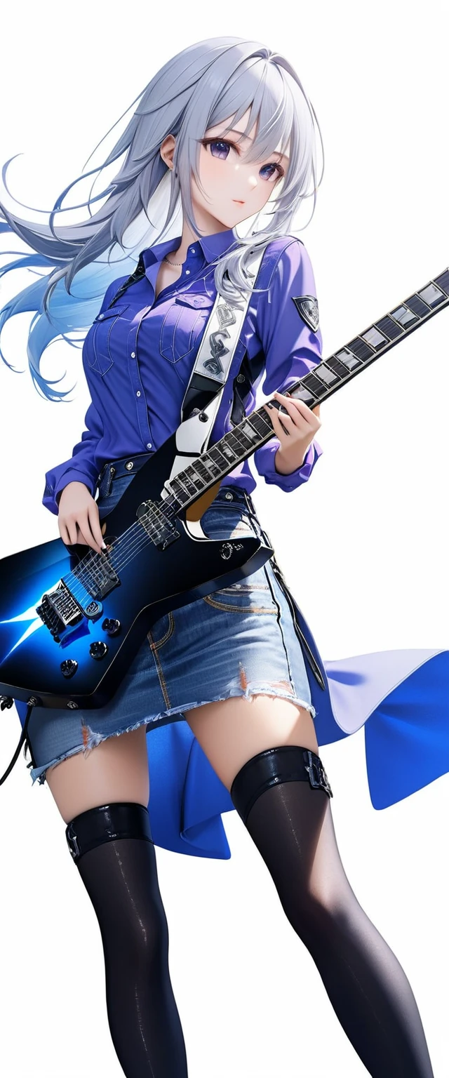 (((White background:1.5)))、(The entire subject is captured),(((Composition from afar:1.5))),(((full body:1.2)))、(very wide shot)、(masterpiece、Ultra HD、Highest quality、Masterpiece、4K:1.2)、Slender body、Scandinavian metal girl playing a white electric guitar, A strong gaze on the guitar, Intricate details, Highly detailed eyes, Highly detailed fingers、(Purple shirt and blue jeans) 、Long silver hair、Wear black boots、(((Dynamic and lively pose:1.5)))、Perfect Style、8Head to Body、Playing guitar on stage、Live