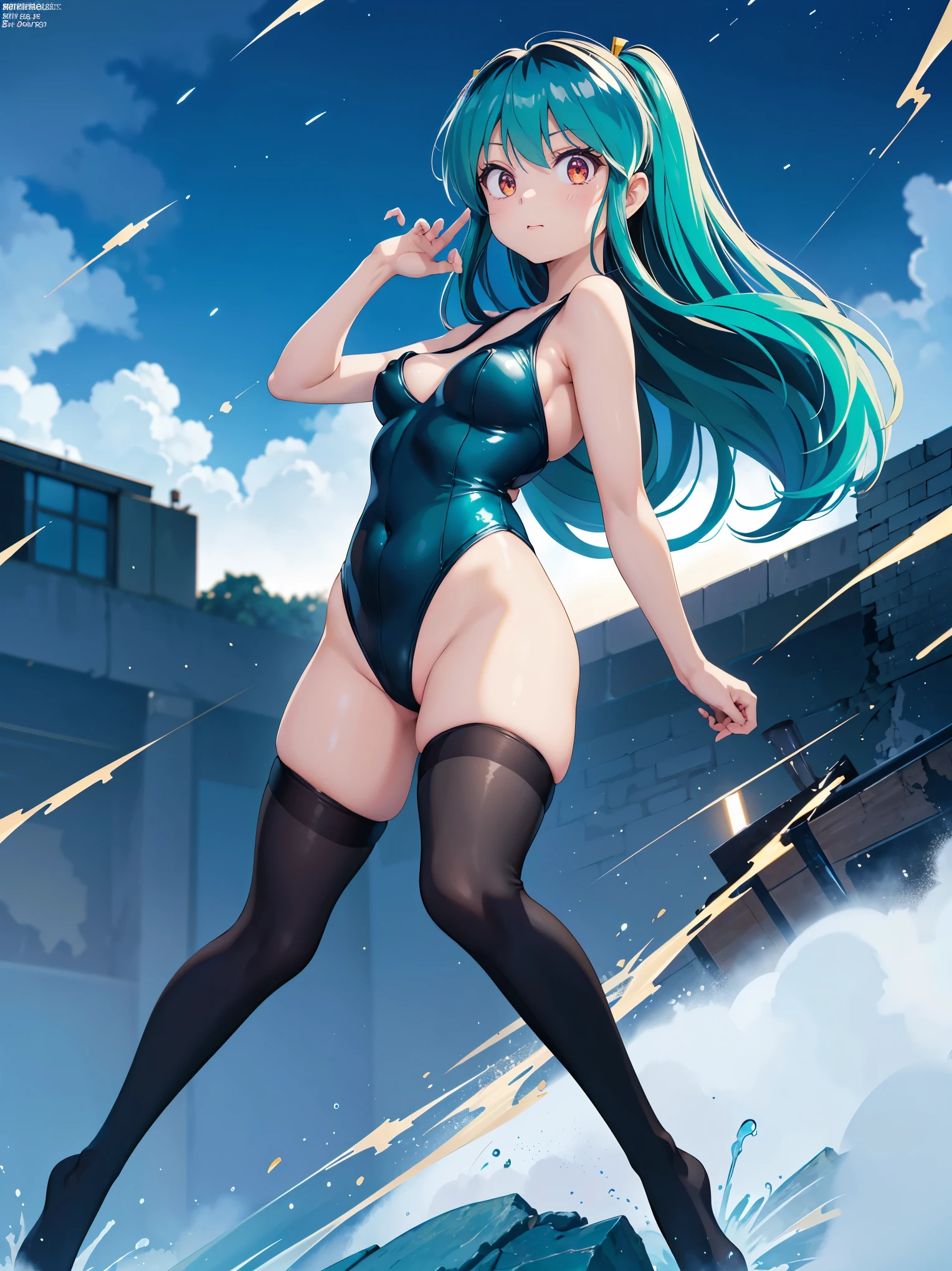 (1 Girl),(high quality), (High resolution), (Very detailed), (8k),(Demolition paperback correct)、Urusei Yatsura、Ram-chan、((sexy leotard))、((Focus on the whole body))、Nipple Shape、((Black knee-high stockings))、Hair messed up by the strong wind、Neutral White Lighting,Sexy pose、On both knees