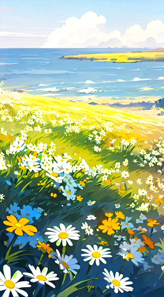 no humans, outdoors, flower, scenery, field, sky, white flower, day, horizon, ocean, flower field, yellow flower, colorful flowers, blue sky, daisy, landscape, cloud, water, (illustration:1.0), masterpiece, best quality, light sepia tone