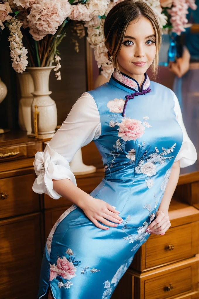 (photograph of Sydney, in silk qipao), (looking at viewer), photorealistic, seductive, face and body focus, instagram selfie