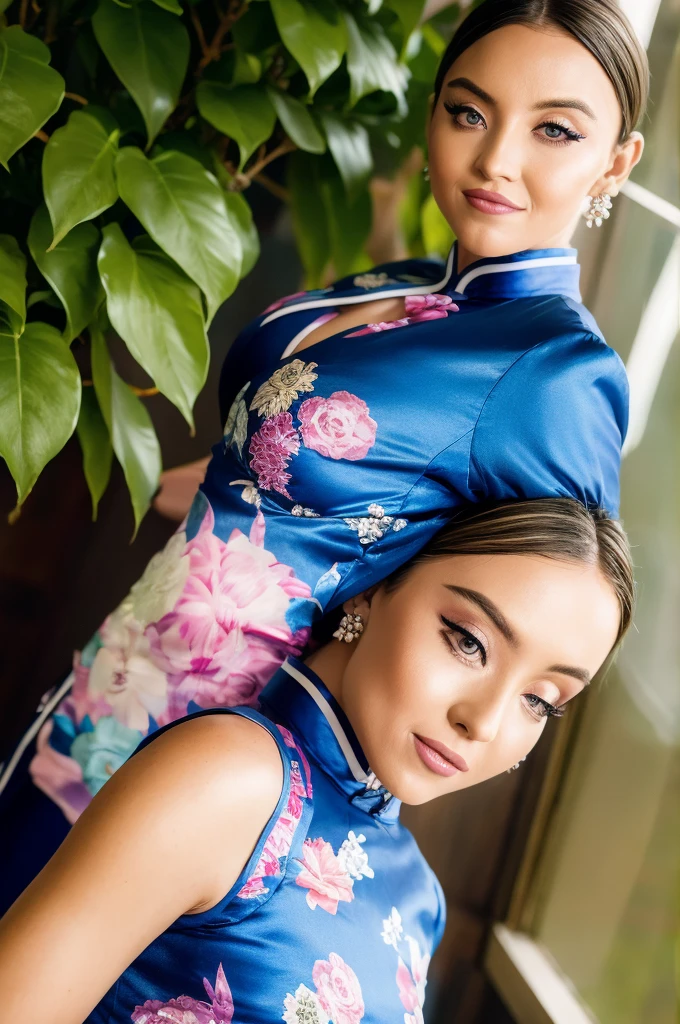 (photograph of Sydney, in silk qipao), (looking at viewer), photorealistic, seductive, face and body focus, instagram selfie