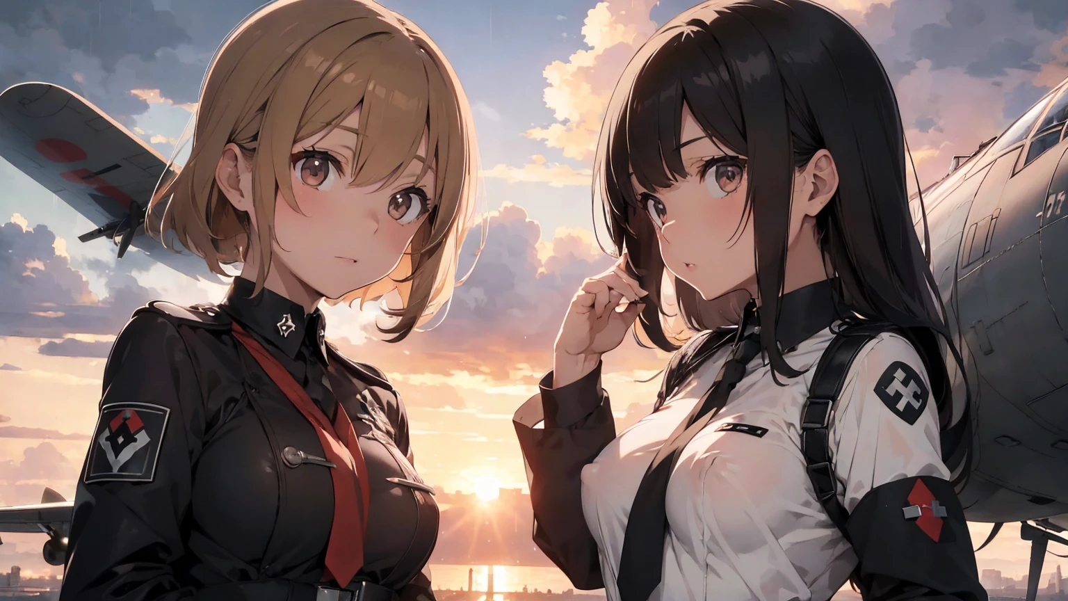 Gestapo uniform, female lesbian kawaii sisters kissing with Heinkel He 111 airplane in background. wearing Luftwaffe pilot uniforms. 8k. masterpiece. best quality. best artwork. lingerie. Swastika insignia red armband. busty bare breasts. nipples. sunset. storm raining, bleak weather