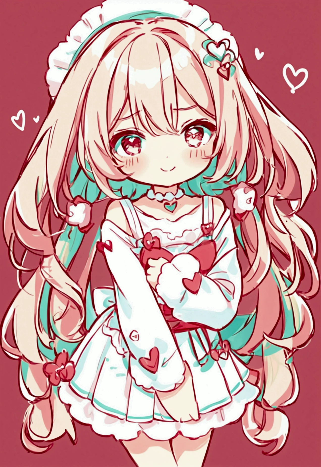 Cute style chibi girl, heart, soft, colorful, delicate, Expressive, texture, sharp, Red and Green