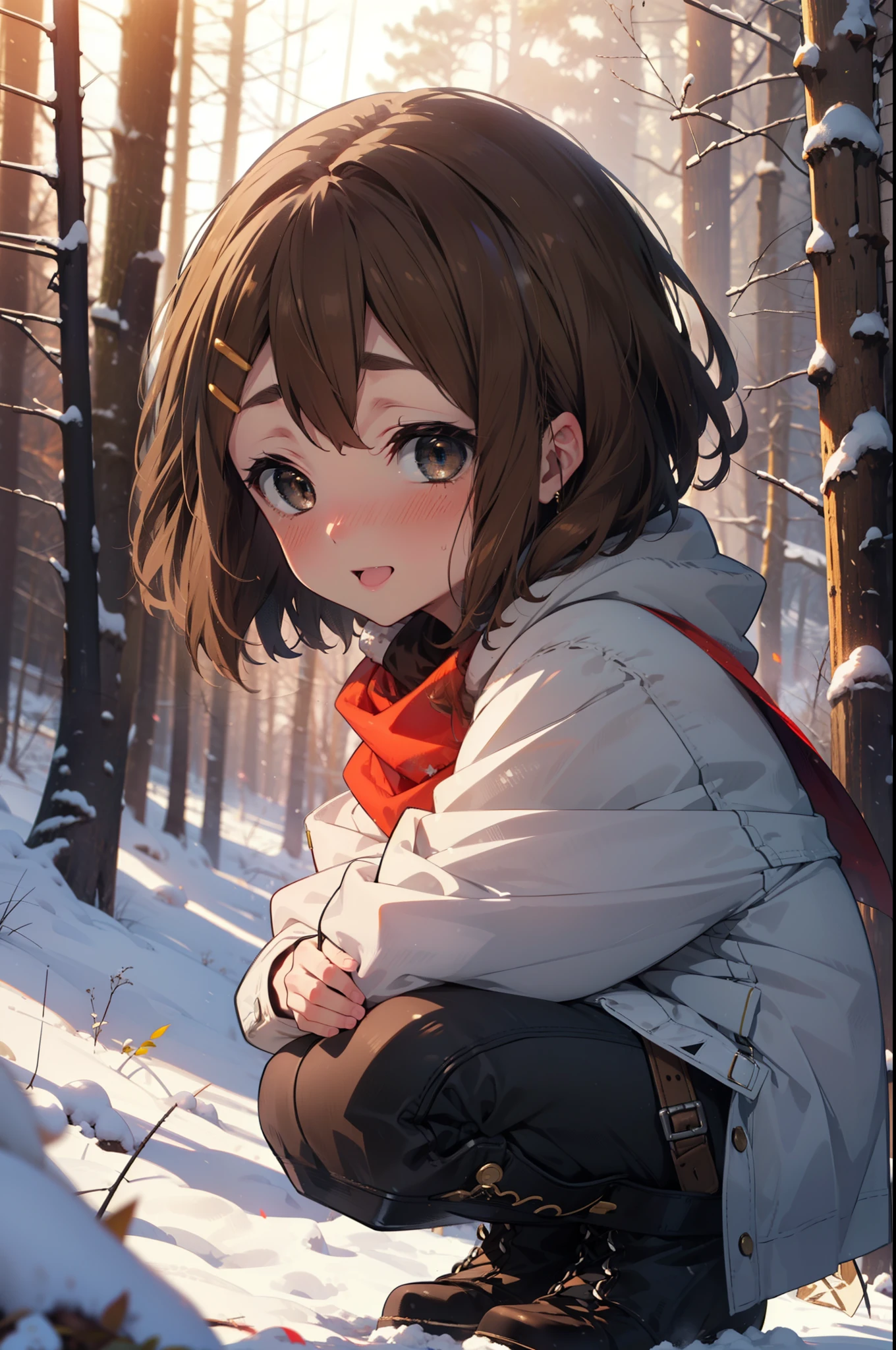yuihirasawa, Yui Hirasawa, short hair, Brown Hair, hair ornaments, (Brown eyes:1.5), Hair Clip、smile,smile,blush,white breath,
Open your mouth,snow,Ground bonfire,, Outdoor, boots, snowing, From the side, wood, suitcase, Cape, Blurred, , forest, White handbag, nature, Squat, Mouth closed, Cape, winter, Written boundary depth, Black shoes, red Cape break looking at viewer, Upper Body, whole body, break Outdoor, forest, nature, break (masterpiece:1.2), Highest quality, High resolution, unity 8k wallpaper, (shape:0.8), (Beautiful and beautiful eyes:1.6), Highly detailed face, Perfect lighting, Highly detailed CG, (Perfect hands, Perfect Anatomy),