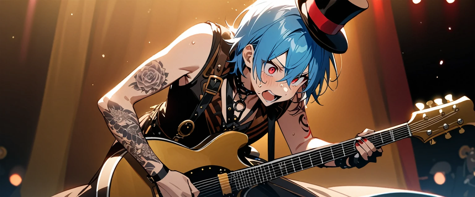 (((masterpiece,Highest quality))),((A male anime character with short blue hair, red eyes, and a tattooed upper arm wearing a visual kei outfit, holding a guitar)),((Steampunk-style electric guitar)),((Steampunk-style electric guitarを弾きながら座っている)),(((Small steampunk top hat,Tattoos on the right side of the face and on the arm))),(((Western-style living room))),Focus on the whole body,(high quality),アニメ