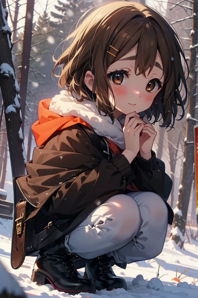 yuihirasawa, Yui Hirasawa, short hair, Brown Hair, hair ornaments, (Brown eyes:1.5), Hair Clip、smile,smile,blush,white breath,
Open your mouth,snow,Ground bonfire,, Outdoor, boots, snowing, From the side, wood, suitcase, Cape, Blurred, , forest, White handbag, nature,  Squat, Mouth closed, Cape, winter, Written boundary depth, Black shoes, red Cape break looking at viewer, Upper Body, whole body, break Outdoor, forest, nature, break (masterpiece:1.2), Highest quality, High resolution, unity 8k wallpaper, (shape:0.8), (Beautiful and beautiful eyes:1.6), Highly detailed face, Perfect lighting, Highly detailed CG, (Perfect hands, Perfect Anatomy),
