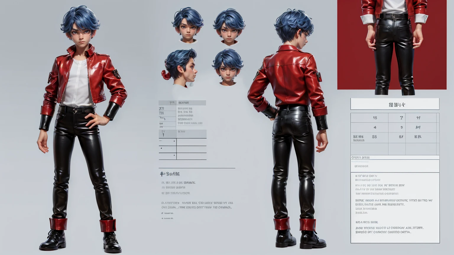 cute face boy, cute face, short height boy, wearing leather red pent and shirt, full standing pose, curly blue hairs, Character Sheet, 12 yo student, Full body, Simple white background, front pose character reference sheet, Concept art, design sheet