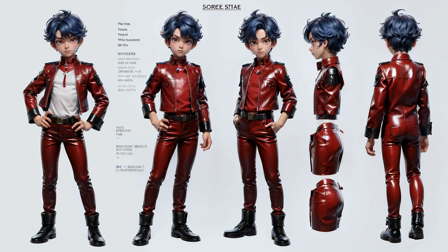 cute face boy, cute face, short height boy, wearing leather red pent and shirt, full standing pose, curly blue hairs, Character Sheet, , Full body, Simple white background, front pose character reference sheet, Concept art, design sheet