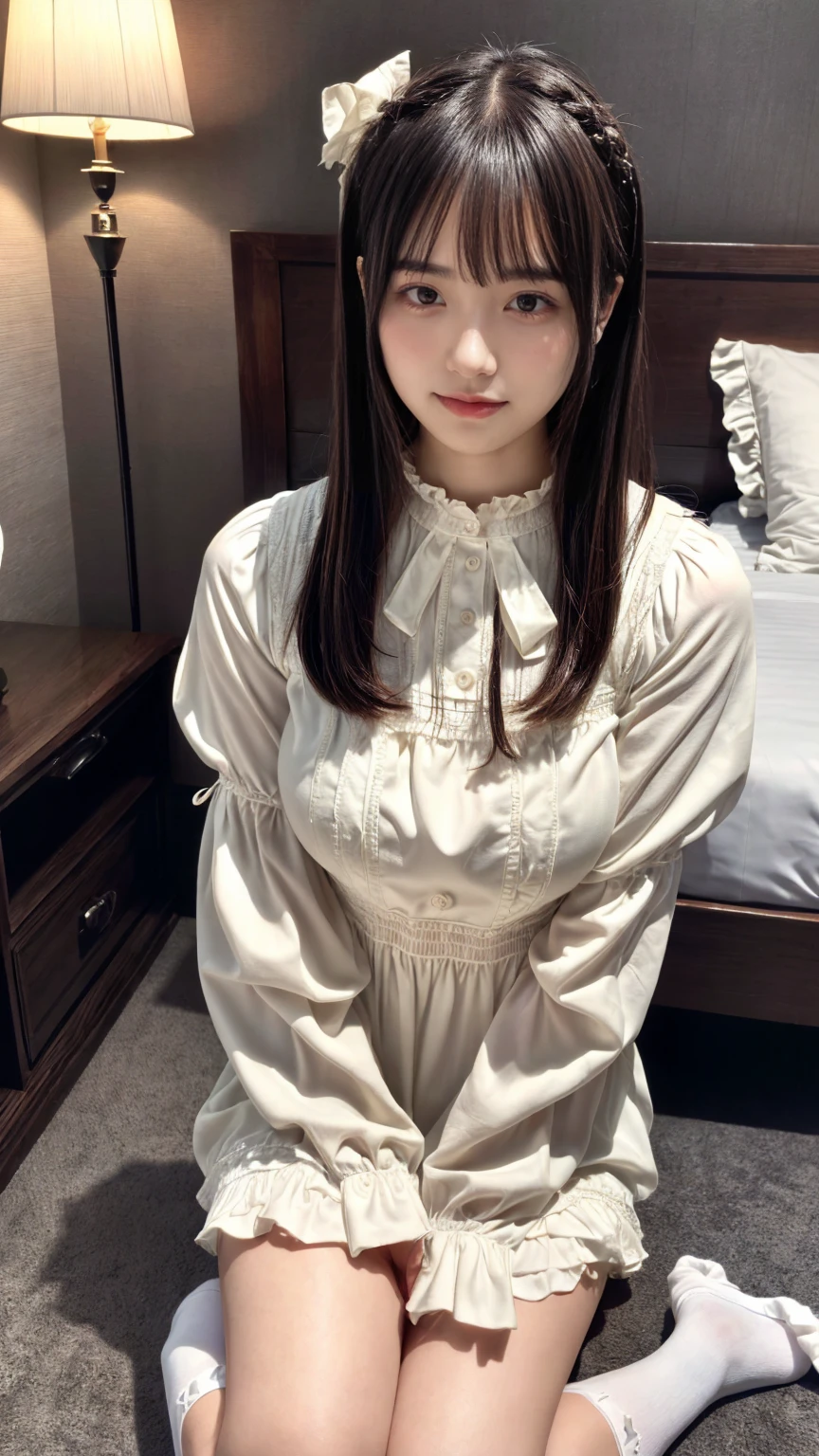 (absurdres:1.3), (highres:1.3), (ultra detailed:1.3),(1girl:1.3), (extremely detailed CG unity 8k wallpaper:1.3), (detailed skin texture, detailed cloth texture, detailed hair texture), (beautiful detailed face, supermodel, pale skin, realistic glistening skin), (RAW photo, best quality), (realistic, photo-realistic:1.4), masterpiece, extremely delicate and beautiful,Amazing, finely detail, extremely detailed CG unity 8k wallpaper, huge filesize, ultra-detailed, highres, absurdres, soft light,rim light, vibrant details, (hotel room:1.2), straight hair, black hair color, Big Natural Color Lip, large breasts, (perfect body shape), beautiful legs, BREAK ((high-quality color that combines light-beige and ivory-white) theme:1.4), (tone on tone:1.3), ((classic fashion, girly fashion):1.3), (layering:1.3), (wearing a (maxi length light-beige pinafore dress) over a (long bell bottom sleeve ivory-white victorian blouse with white jabot):1.4), ((fit body, emphasized body line):1.3), (fine satin fabric:1.4), ((ruffles, floral lace):1.3), (white ankle socks with ruffle trim:1.2), (white ribbon on hair:1.4), (pumps:1.1),
 crying a little、little smile, Harajuku style、20 year old girl