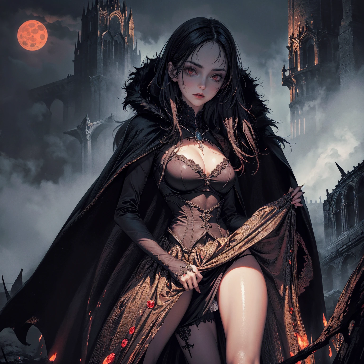 best quality, 4K, high resolution, masterpiece:1.2, Very detailed, actual:1.37, Mood lighting, Girl in a long cape, Wearing a tight gothic skirt that shows a little skin above the chest, reflective bra, Dangerous sneer, Black Hair, Standing, Facing the camera, Crucified, Pitch black sky, Blood-red moon, strange atmosphere, Gothic style, Unforgettable beauty, Dramatic shadows, Ethereal Light, Mysterious atmosphere.