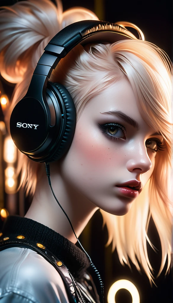 Meticulous, analog style, eye focused, highest quality, (highly detailed skin), photo of very beautiful pale skin Dutch punk girl, 21 years old, (wearing headphone), perfect face, alluring eyes, [seductive makeup], pore skin, (pierce:0.5), black background, (bokeh:0.6), sharp focus, mottled lighting, (backlight:0.7), film grain, photographed with a Sony A7R camera IV, 18mm F/1.7 cine lens, (highly detailed, intricate details), 8k, HDR, seductive posing, front view, (upper body: 0.9)