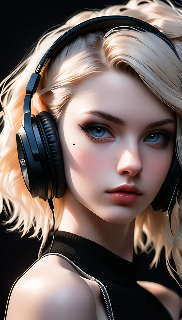 Meticulous, analog style, eye focused, highest quality, (highly detailed skin), photo of very beautiful pale skin Dutch punk girl, 21 years old, (wearing headphone), perfect face, alluring eyes, [seductive makeup], pore skin, (pierce:0.5), black background, (bokeh:0.6), sharp focus, mottled lighting, (backlight:0.7), film grain, photographed with a Sony A7R camera IV, 18mm F/1.7 cine lens, (highly detailed, intricate details), 8k, HDR, seductive posing, front view, (upper body: 0.9)