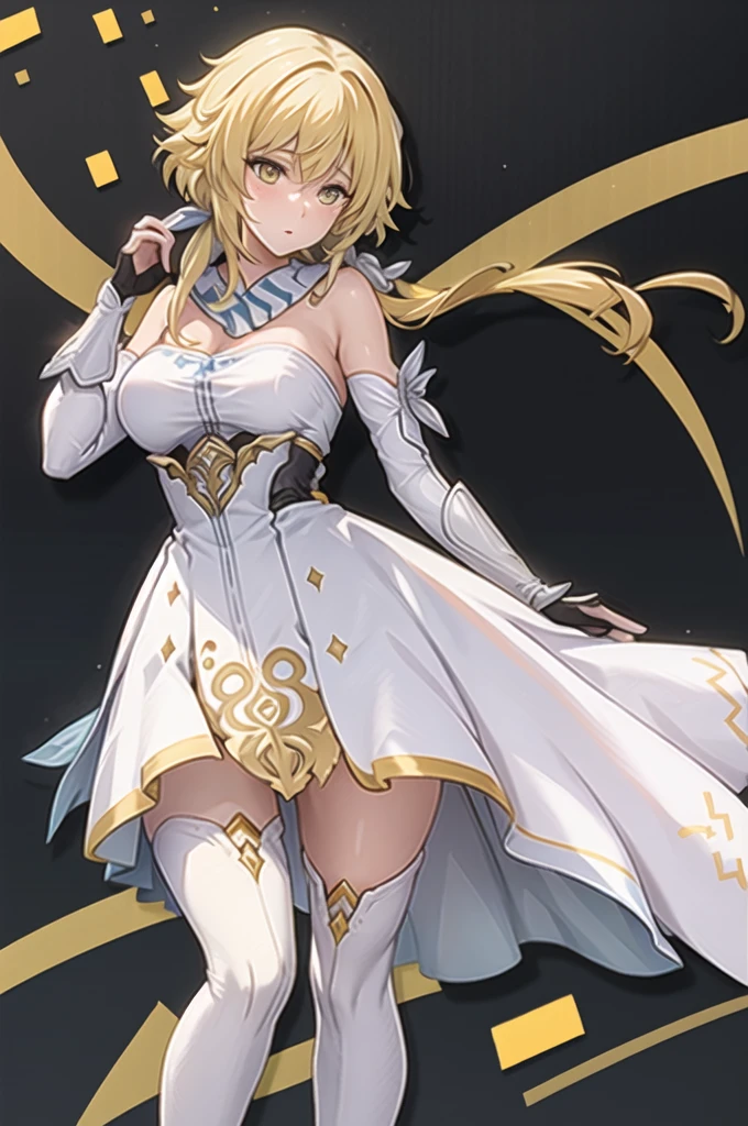 One girl, Highest quality, (masterpiece), (Highest quality),Light\(genshin impact\), Cowboy Shot, Very large breastouth closed, Hair Ribbon, Yellow Hair, Yellow Eyes, ,Detailed eyes,White Dress,Removable sleeves,gloves,Knee socks,Boots shining down on my armpits