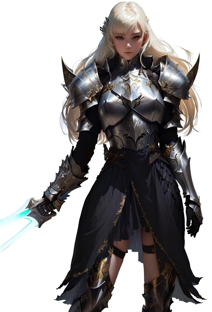 a woman in armor holding a sword and a sword, pale black armor, very stylish fantasy armor, armor girl, epic exquisite character art, wearing fantasy armor, from lineage 2, stunning armor, black armor, fantasy armor, by Yang J, black and golden armor, elegant armor, female armor, dark elf princess, clothed in ethereal battle armor, pretty face, nice face, sexy, sun high elf, big , brown skin face, blond hair, yellow hair,