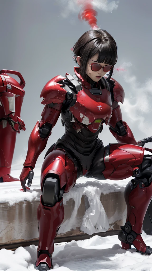 Rough skin, Very detailed, Advanced Details, high quality, 最high quality, High resolution, 1080P 、Bleeding from the wound、Red Armor、Wearing red and black、cute((Severe damage to the entire body))(Wearing a damaged female robot suit...)(Red Armor)(Broken Armor)Black Hair、Glasses、Chiquita、short hair、Open your mouth、Sweaty face、It hurts again、cute、knock down、Elementary school girl　　(Steam coming out of the face) ((Steam coming out of the body)) Sit on the bed　Spread your legs　Show your vagina　　