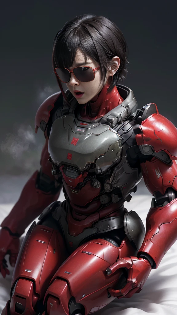 Rough skin, Very detailed, Advanced Details, high quality, 最high quality, High resolution, 1080P 、Bleeding from the wound、Red Armor、Wearing red and black、cute((Severe damage to the entire body))(Wearing a damaged female robot suit...)(Red Armor)(Broken Armor)Black Hair、Glasses、Chiquita、short hair、Open your mouth、Sweaty face、It hurts again、cute、knock down、Elementary school girl　　(Steam coming out of the face) ((Steam coming out of the body)) Sit on the bed　Spread your legs　Show your vagina　　