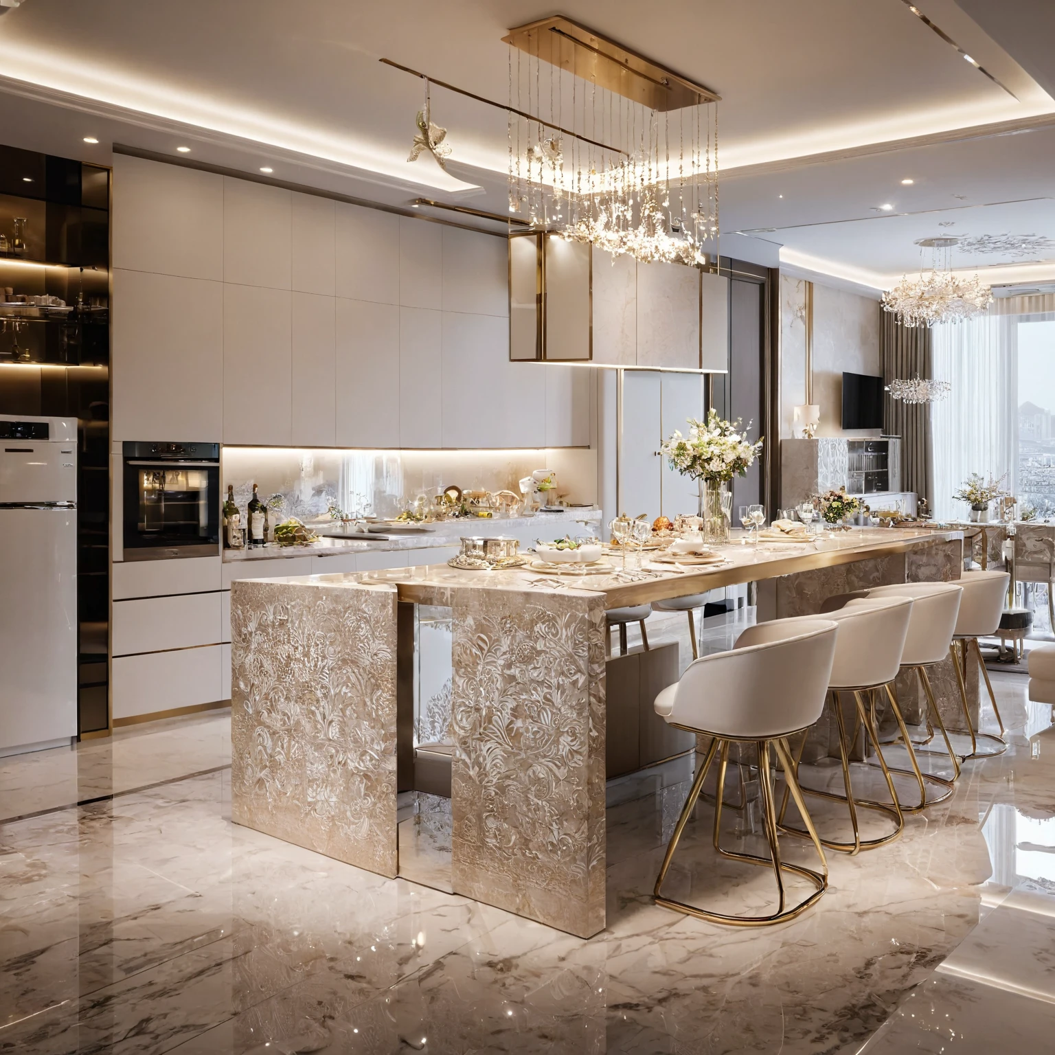 ,Masterpiece, Best quality,8K, Ultra-high resolution,When you step into the (( DINNING room  AND KITCHEN))  ,Immediately surrounded by a rich atmosphere of luxury. The space  was covered with a soft white fluffy blanket,It is so comfortable,So much so that you can't help but indulge in it。Embellished with precious porcelain and white-off gold ornaments。Whenever it is late afternoon,The afterglow from the window spilled on the floor,Soft light and shadow are reflected,It was as if entering a dreamland. ((Wooden chair and table : 1.3)), ((COLUMN MIRROR : 1.3))