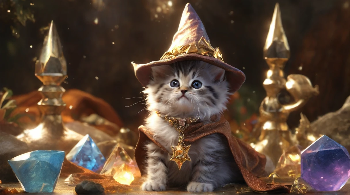 A cute wizard kitten dressed up as a fantasy character１Animals. This little wizard lives in a fantasy world, Cute animals are wearing wizard crystals and hats . As the adventure unfolds, The setting for this adventure is fantastic, A dreamlike world . Tarot cards are scattered all around (Photorealism, Realistic,, Intricate details, 8k)