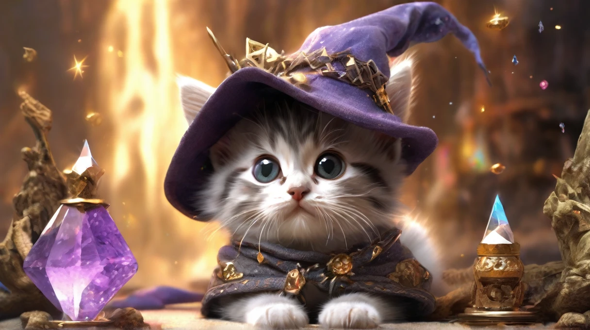 A cute wizard kitten dressed up as a fantasy character1Animals. This little wizard lives in a fantasy world, Cute animals are wearing wizard crystals and hats . As the adventure unfolds, The setting for this adventure is fantastic, A dreamlike world . Tarot cards are scattered all around (Photorealism, Realistic,, Intricate details, 8k)