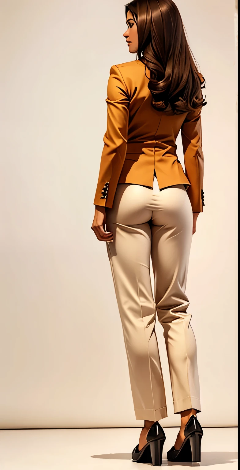 Priya Vantari, whole body, back view, of a 35-year-old professional looking girl, tan skin, dark brown hair, natural beauty, beautiful, tall, small size, loose clothing, blazer and blouse, trouser, heel shoes, simply white background 