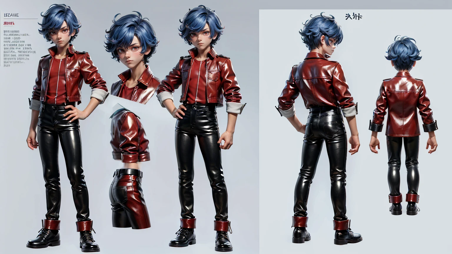 cute face boy, cute face, short height boy, wearing leather red pent and shirt, full standing pose, curly blue hairs, Character Sheet, 12 yo short height student, Full body, Simple white background, front pose character reference sheet, Concept art, design sheet