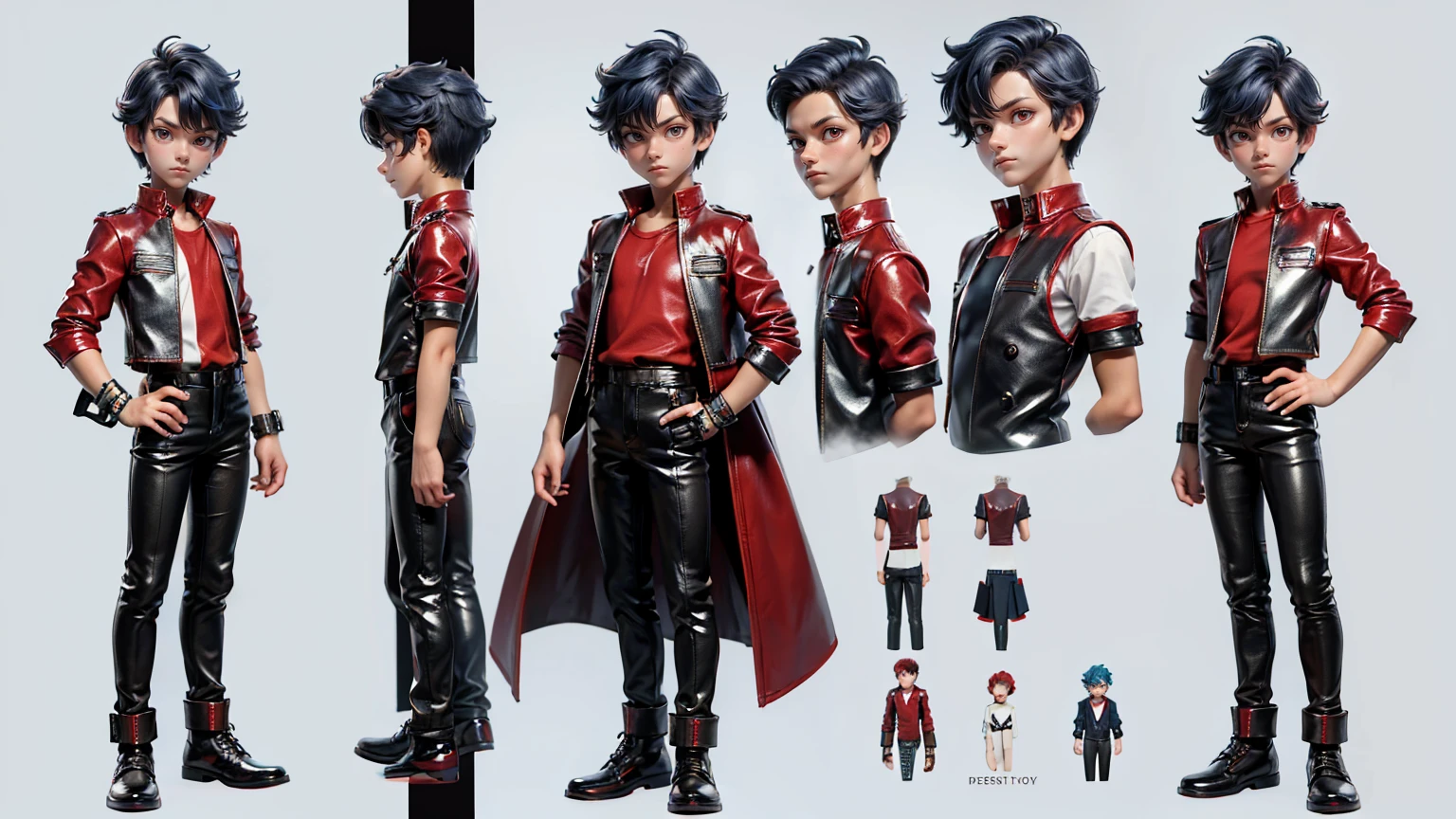 cute face boy, cute face, short height boy, wearing leather red pent and shirt, full standing pose, curly blue hairs, Character Sheet,  short height  student, Full body, Simple white background, front pose character reference sheet, Concept art, design sheet