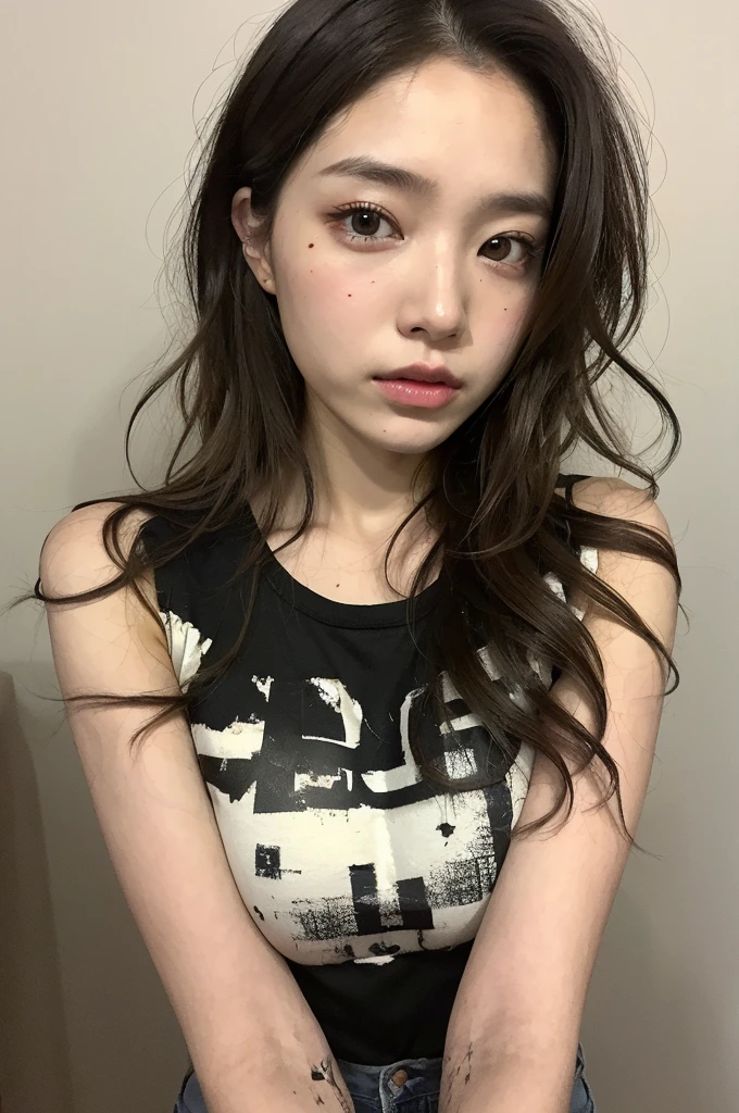 21-year-old Japan woman、Torn and tattered T-shirt、Perfect hands, Brown Hair、Normal size breasts, Accurate, Anatomically correct, Very detailed, Advanced Details, high quality, 最high quality, High resolution, 16K, 8k, Long Hair,Watching、slim、barefoot、Disheveled Hair、Messy Hair、Curly Hair、Dirty body、Dirty T-shirt、Muddy body、Dirty underwear、Torn underwear