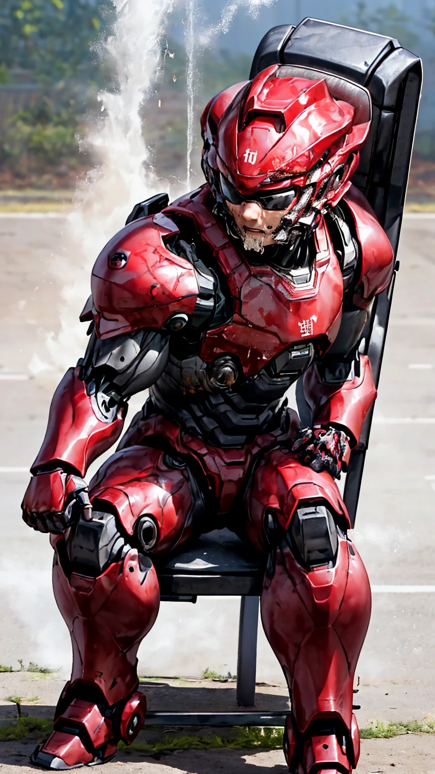 Rough skin, Very detailed, Advanced Details, high quality, 最high quality, High resolution, 1080P 、Bleeding from the wound、Red Armor、Wearing red and black、cute((Serious damage to the whole body))(Wearing a damaged female robot suit...)(Red Armor)(Broken Armor)Black Hair、Glasses、Chiquita、Soaking wet、Open your mouth、Sweaty face、It hurts again、cute、knock down、Droolinging from the mouth、Female college student (Steam coming out of the face) ((Steam from the body)) Sit on a chair Touching the vagina Drooling look up suffering Filming locations Remove the helmet
