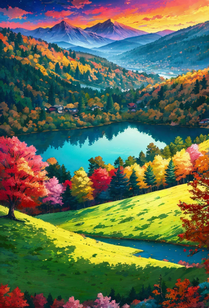 anime style landscape, (colorful), vibrant colors, rolling hills, majestic mountains, serene lake, detailed foliage, dramatic lighting, cinematic composition, digital art, intricate details, highly detailed