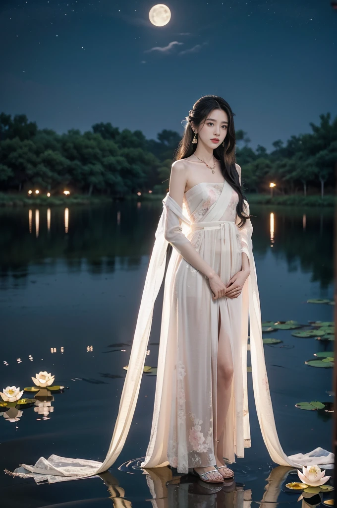 (((best quality))),(((ultra detailed))),(((masterpiece))),illustration,((1 beautiful young  girl,solo)),((slim,thin)),(shoulder length straight hair:1.2),((earrings,necklace)),((small breasts,flat chest)),(see through traditional pink sheer Hanfu dress:1.3),((slender legs,bare legs,loafers)),(beside the lotus pond full of lotus flowers:1.3), serene moonlight, ethereal,floral pattern, water movement, billowing fabric, tranquil, moon reflection, petals, fireflies, magical, light,warm light, dreams, invitation, (standing:1.3),(arms behind back:1.3),gazing, reflection, inner thoughts, emotional, sweet scent, natural beauty, solitude, hypnotic lull, eternal summer,(night scene:1.3), natural world, human spirit, celebration, backdrop, water, glow,((from front,full body))