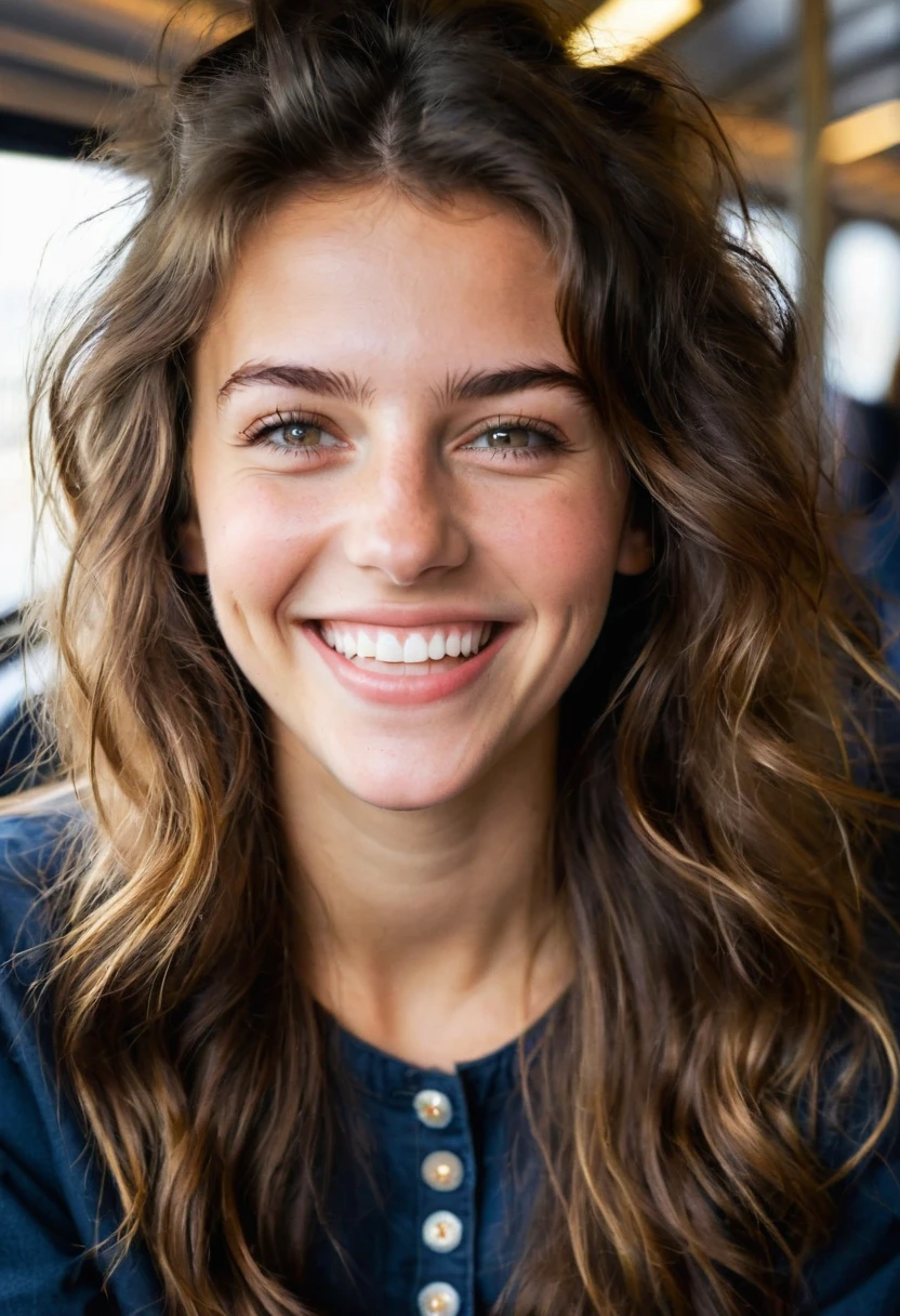 20-year-old French girl, assise en robe brunette, yeux de couleurs marrons foncé, grand sourire EN TRAIN DE RIRE LA MAIN DEVANT LA BOUCHE , Messy hair but not too messy, photos close up to her face