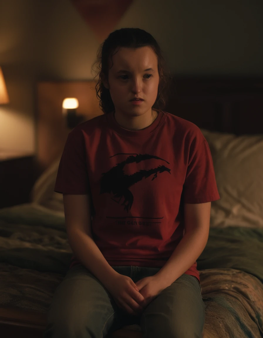 cinematic film still a resilient (ohwx:1.2) girl As Ellie, wearing her classic red t-shirt, jeans and sneakers. We see her entire body. She is in pain, has stomachache, has a pain expression, grabs her stomach., Hair pulled back into a ponytail, signifying her need for practicality in a challenging world., . shallow depth of field, vignette, highly detailed, high budget, bokeh, cinemascope, moody, epic, gorgeous, film grain, grainy