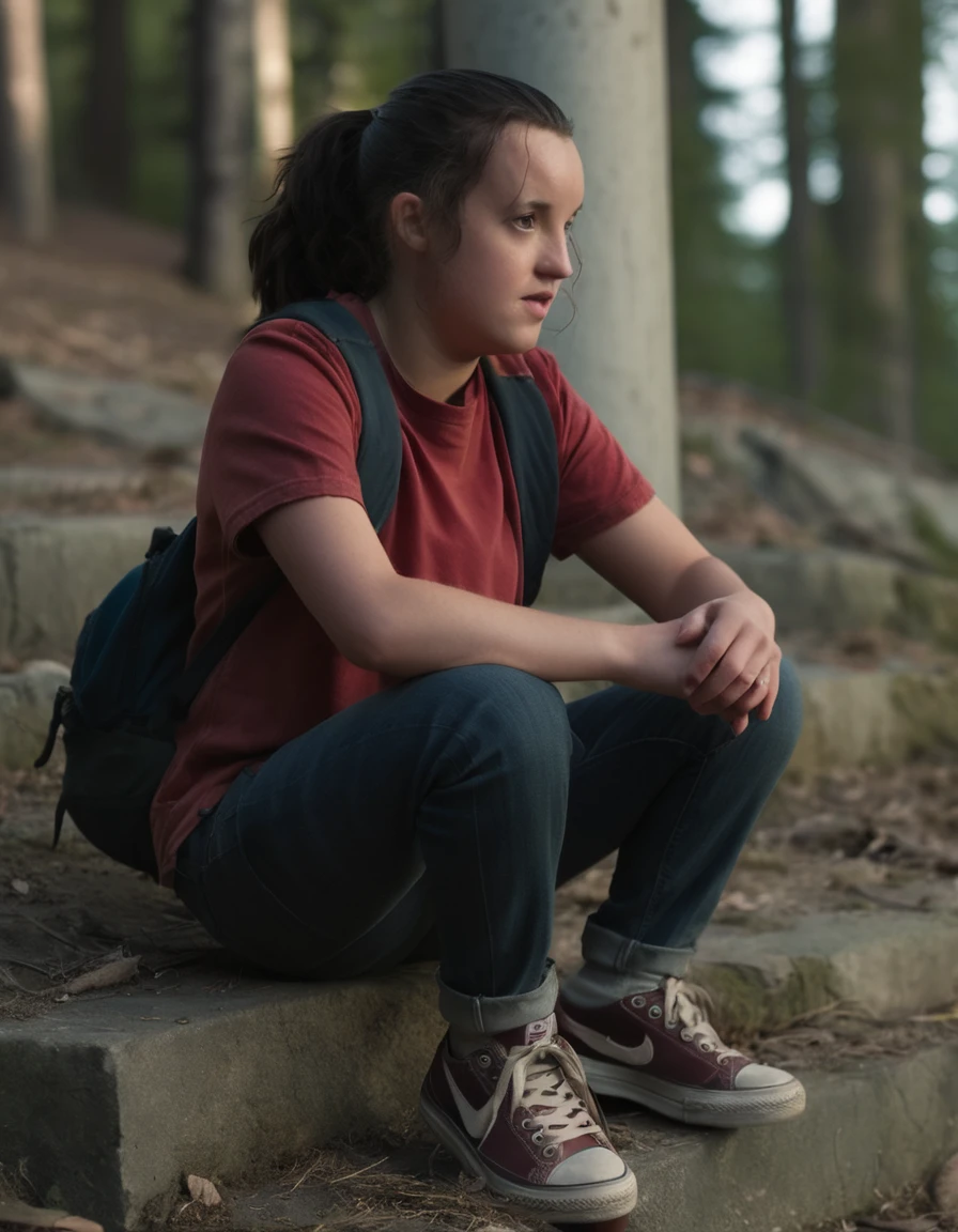 cinematic film still a resilient (ohwx:1.2) girl As Ellie, wearing her classic red t-shirt, jeans and sneakers. We see her entire body. She is in pain, has stomachache, has a pain expression, grabs her stomach., Hair pulled back into a ponytail, signifying her need for practicality in a challenging world., . shallow depth of field, vignette, highly detailed, high budget, bokeh, cinemascope, moody, epic, gorgeous, film grain, grainy