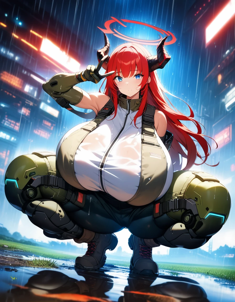 face_focus,looking at viewer,solo,long hair,halo,blue eyes,gloves,bangs,bare shoulders, 19 years old, (Gigantic Breasts:1.5), round buttocks, bubbly buttocks, wide hips, bubbly ass, fit and strong, amazing composition,beautiful,incredible lighting,horns,long red hair,morose facial expression,raw photo, chaos, squatting,head up,backless overalls,farm,rain,puddle,double exposure,cyberpunk,tactical gear,(exosuit:0.4),(cyborg woman:0.4),futuristic,wearing boots,incredibly absurdres,artbook,Cinematic Lighting,complex background,detailed cyberpunk background,v,arm_up,