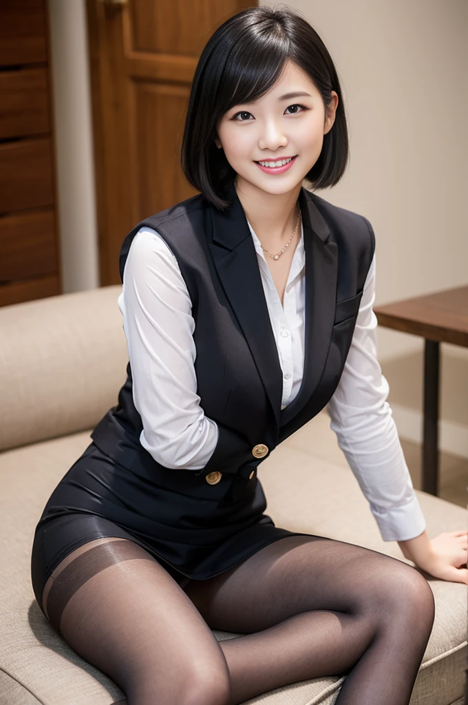 Pure Japanese young girl, outstanding body, beautiful legs, wearing business suits, (pantyhose), high heels, vivid makeup, arranged black hair styles, lift up skirt, spread wide legs, sexual smile, professional portrait photography, sitting,