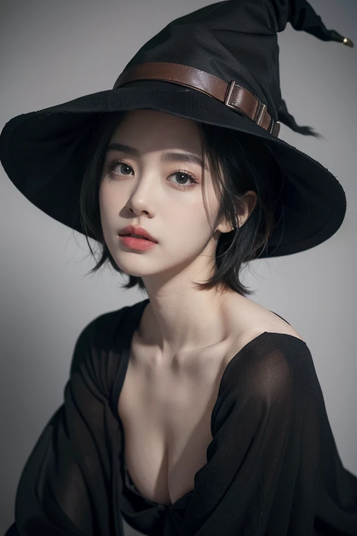 Mikasa, 19 year old young woman, Best quality, High resolution, Short hair, Black eyes, witch outfit, witch hat, looking at viewer, beautiful,small breasts, visible nipples, Highest quality, high resolution