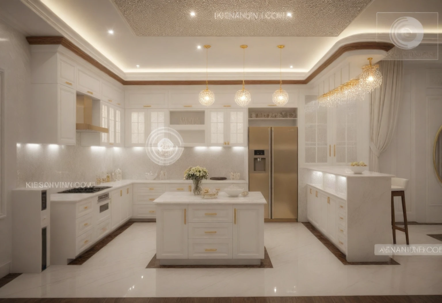 Masterpiece, Best quality,8K, Ultra-high resolution,When you step into the Kitchen and dinning room,Immediately surrounded by a rich atmosphere of luxury。Ornate crystal chandeliers hang high on the wall,Shine brightly。Kitchen island  was covered with a soft white fluffy blanket,It is so comfortable,So much so that you can't help but indulge in it。Embellished with precious porcelain and white-off gold ornaments。Whenever it is late afternoon,The afterglow from the window spilled on the floor,Soft light and shadow are reflected,It was as if entering a dreamland。((( DARK wooden furniture : 1.3 )))