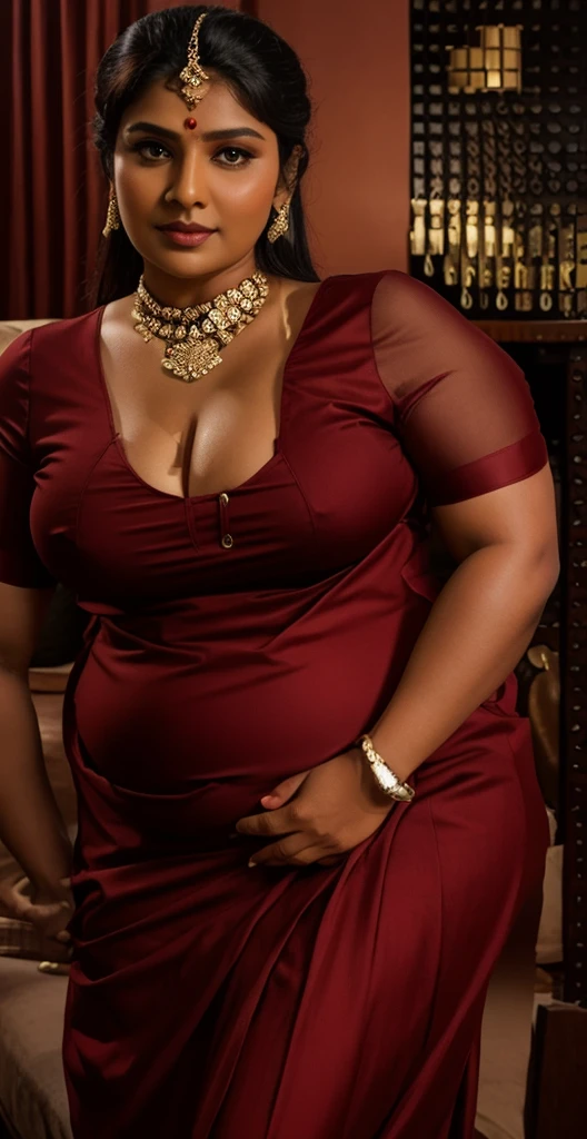 An indian plus size sexy aunty wearing dark red blouse and dark red skirt , she has big wide belly and fat legs