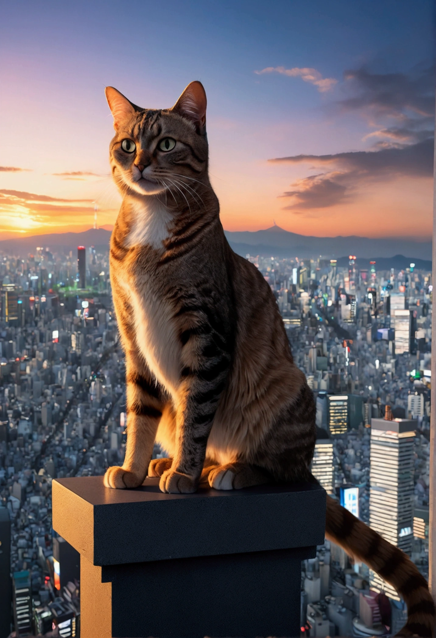 ((Masterpiece, top quality, high resolution)), ((highly detailed CG unified 8K wallpaper)), (huge stunning goddess shot, very hot and sexy, jaw-dropping beauty, perfect proportions, beautiful body, slim body beauty:1.3), A cat monster, bigger than a building, is sitting in the center of Tokyo, stomping on the building, arafed cat sitting on a ledge above a city at night, cat attacking tokyo, perched on a skyscraper, cyberpunk cat, planet of the cats, giant cat monster, with a city in the background, city in the background, towering over a city, acrophobia, bird's eye view, neko, very very surreal, bird eye view,