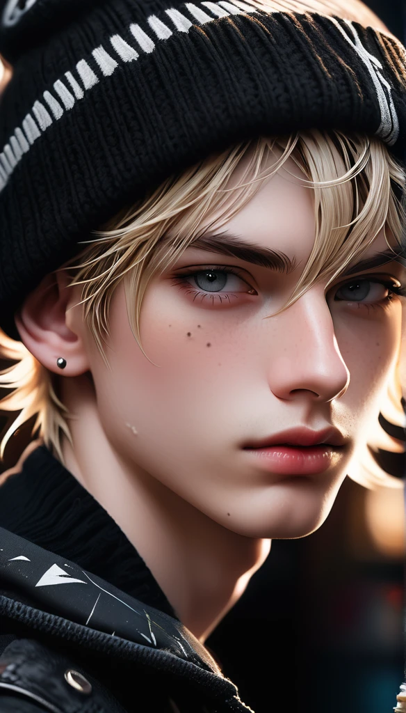 Meticulous, analog style, eye focused, highest quality, (highly detailed skin), photo of very hansome pale skin Dutch punk boy, 21 years old, (wearing beanie), perfect face, alluring eyes, [seductive makeup], pore skin, (pierce:0.5), black background, (bokeh:0.6), sharp focus, mottled lighting, (backlight:0.7), film grain, photographed with a Sony A7R camera IV, 18mm F/1.7 cine lens, (highly detailed, intricate details), 8k, HDR, seductive posing, front view, (upper body: 0.9)